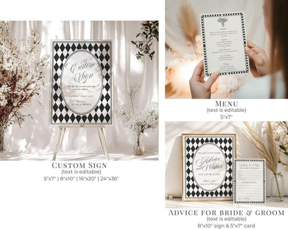 Black Harlequin Pattern Rehearsal Dinner Template Bundle, Checkered Old Money Luxury Night Before Party WP1097