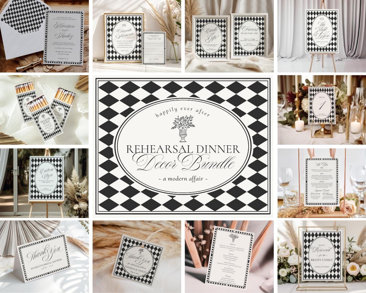 Black Harlequin Pattern Rehearsal Dinner Template Bundle, Checkered Old Money Luxury Night Before Party WP1097