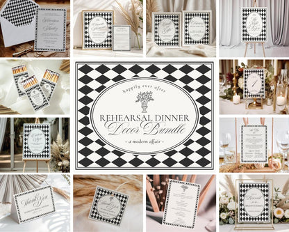 Black Harlequin Pattern Rehearsal Dinner Template Bundle, Checkered Old Money Luxury Night Before Party WP1097