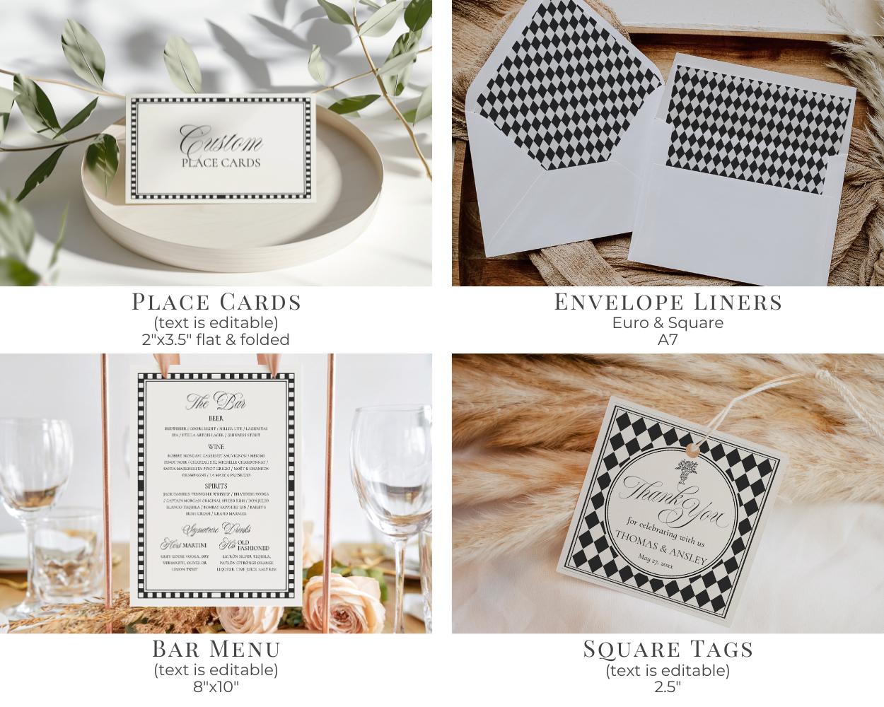 Black Harlequin Pattern Rehearsal Dinner Template Bundle, Checkered Old Money Luxury Night Before Party WP1097