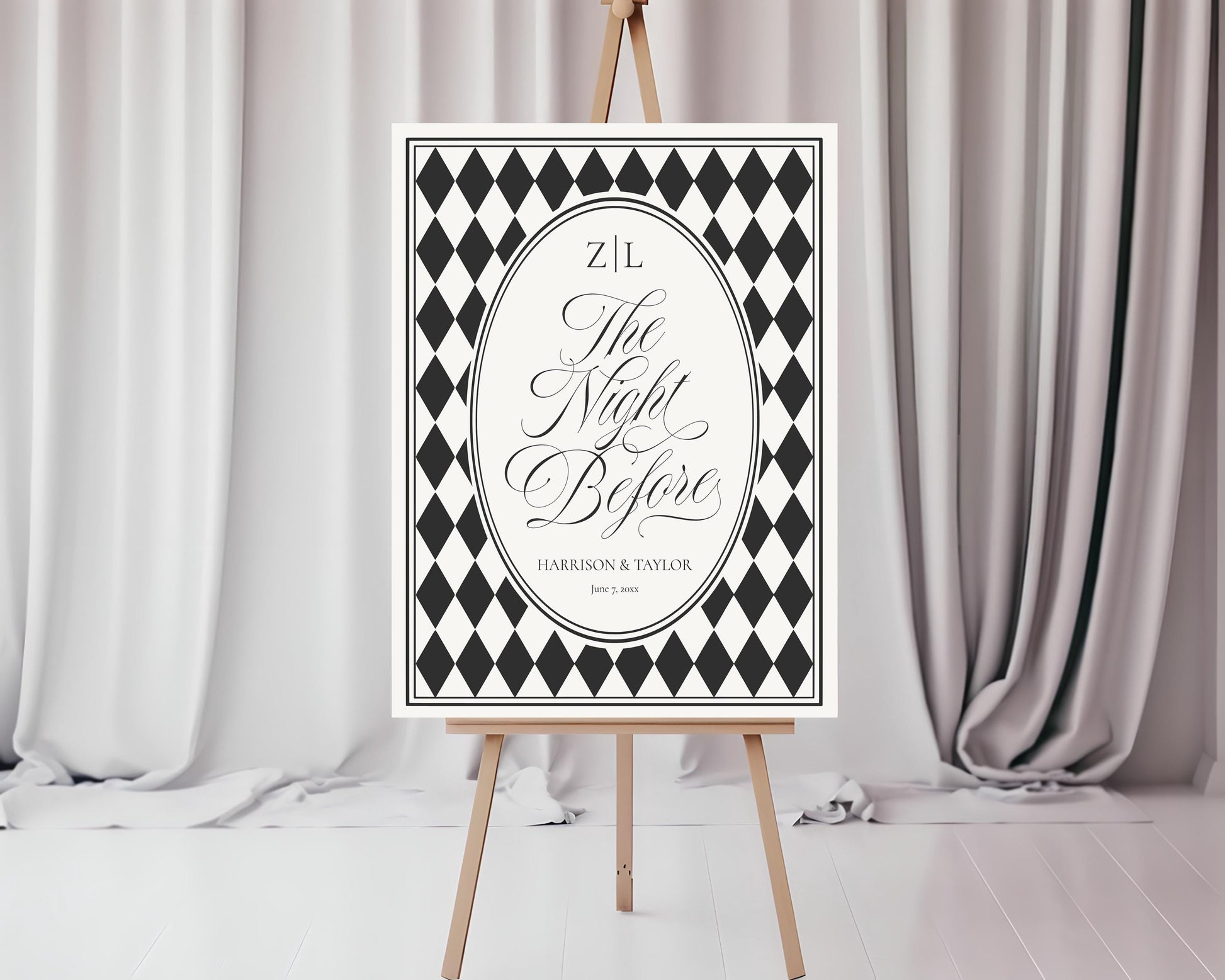 Black Harlequin Pattern Rehearsal Dinner Template Bundle, Checkered Old Money Luxury Night Before Party WP1097