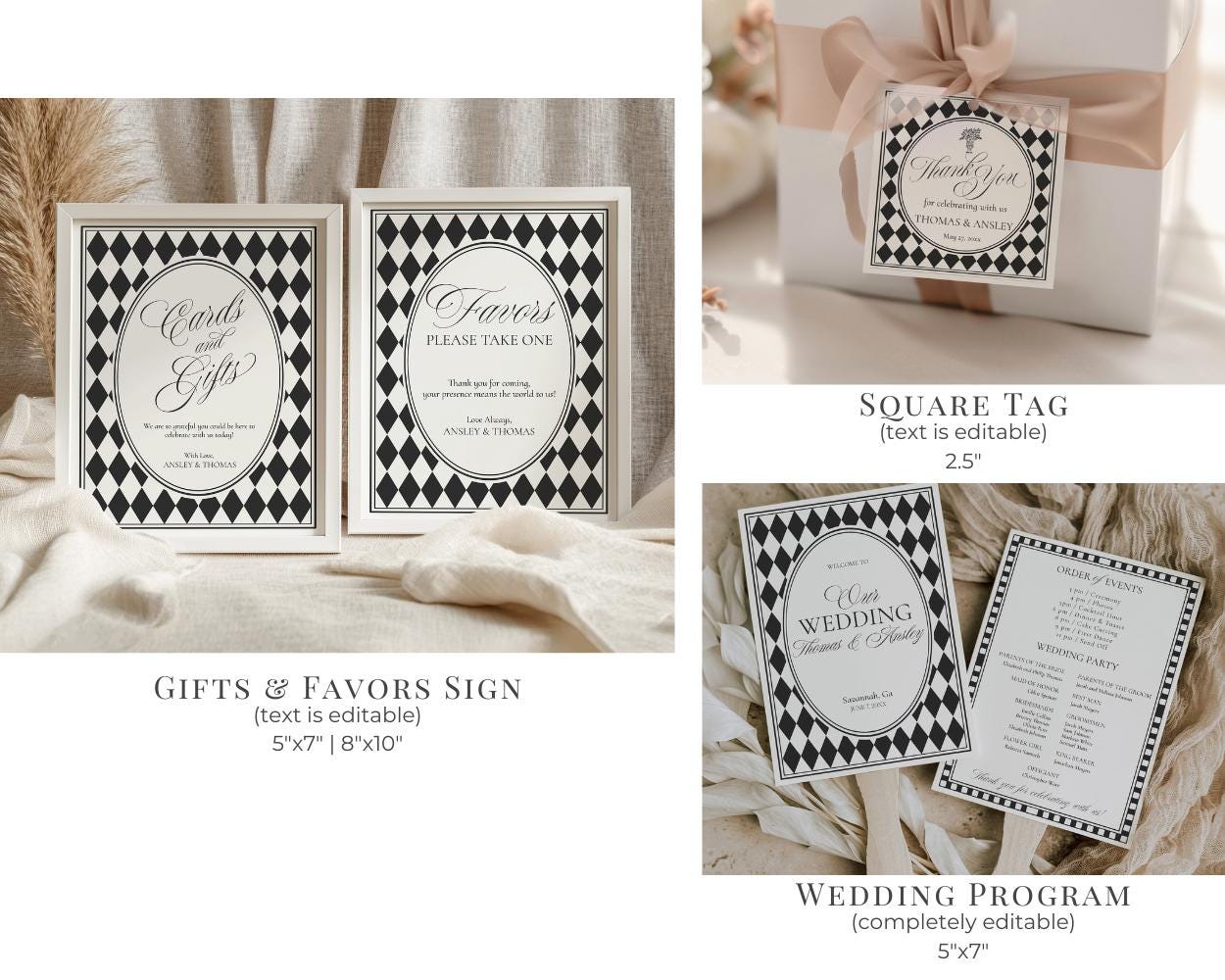 Black Harlequin Pattern Wedding Template Bundle, Checkered Old Money Luxury Ceremony Black and White Wedding Reception WP1097