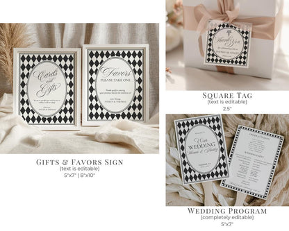 Black Harlequin Pattern Wedding Template Bundle, Checkered Old Money Luxury Ceremony Black and White Wedding Reception WP1097