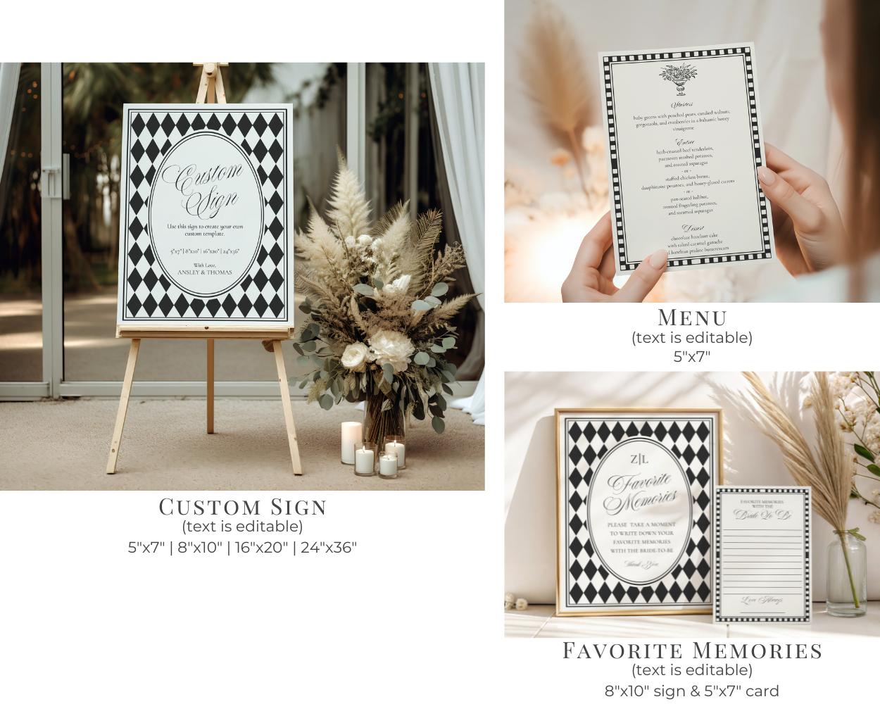 Black Harlequin Pattern Wedding Template Bundle, Checkered Old Money Luxury Ceremony Black and White Wedding Reception WP1097