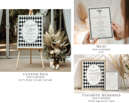Black Harlequin Pattern Wedding Template Bundle, Checkered Old Money Luxury Ceremony Black and White Wedding Reception WP1097