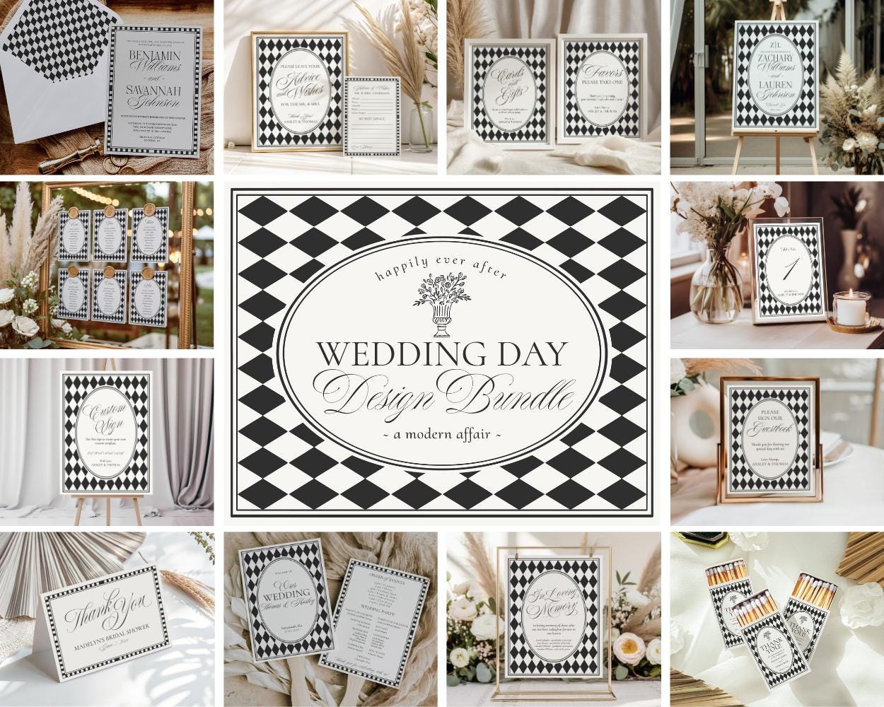 Black Harlequin Pattern Wedding Template Bundle, Checkered Old Money Luxury Ceremony Black and White Wedding Reception WP1097