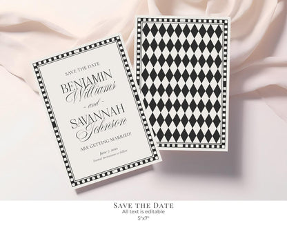 Black Harlequin Pattern Wedding Template Bundle, Checkered Old Money Luxury Ceremony Black and White Wedding Reception WP1097