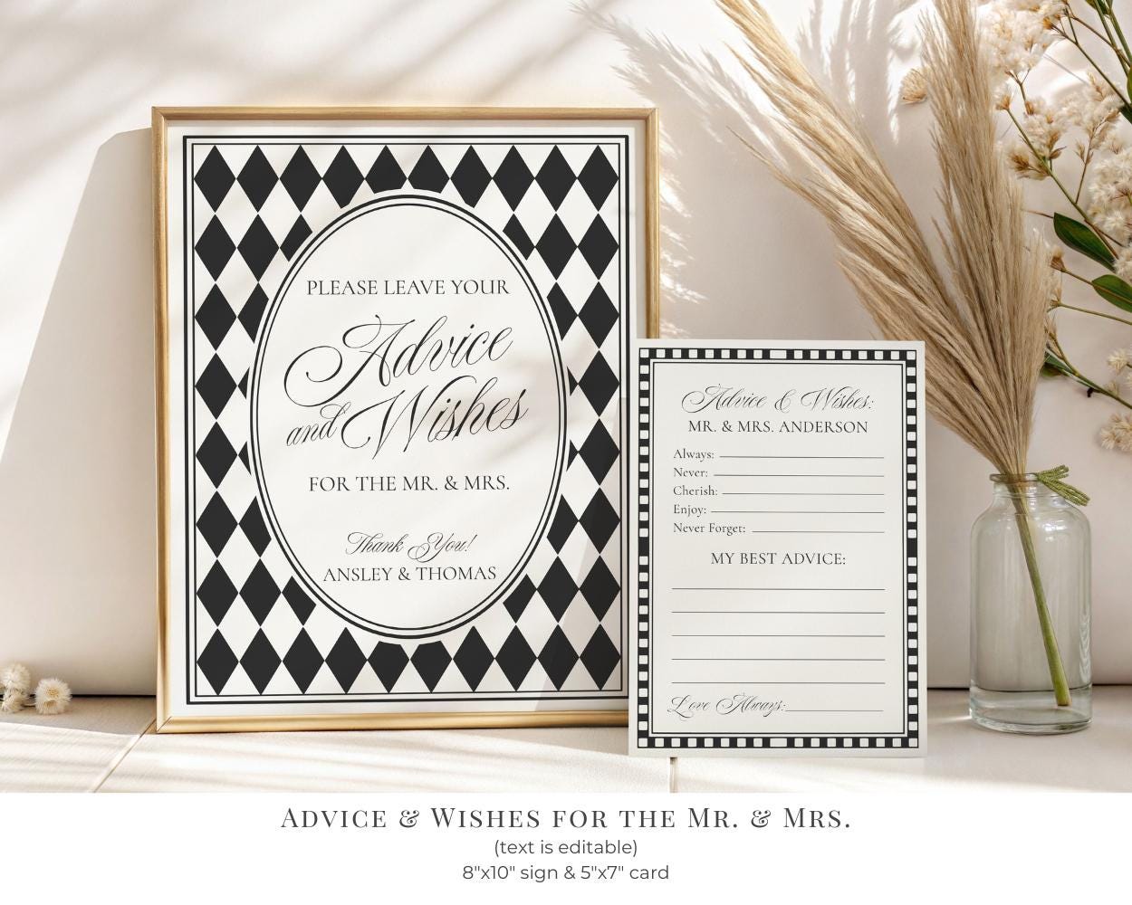 Black Harlequin Pattern Wedding Template Bundle, Checkered Old Money Luxury Ceremony Black and White Wedding Reception WP1097