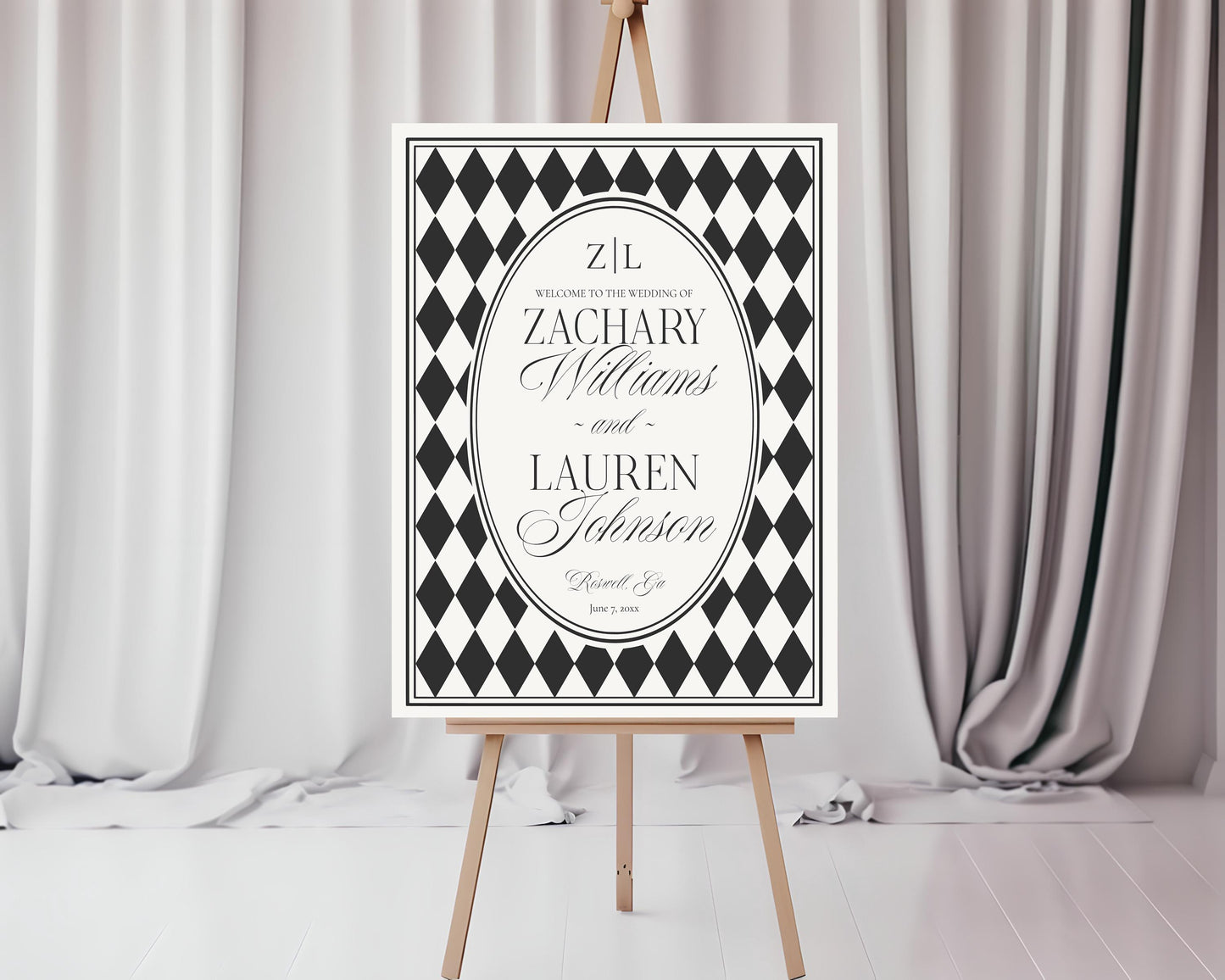 Black Harlequin Pattern Wedding Template Bundle, Checkered Old Money Luxury Ceremony Black and White Wedding Reception WP1097