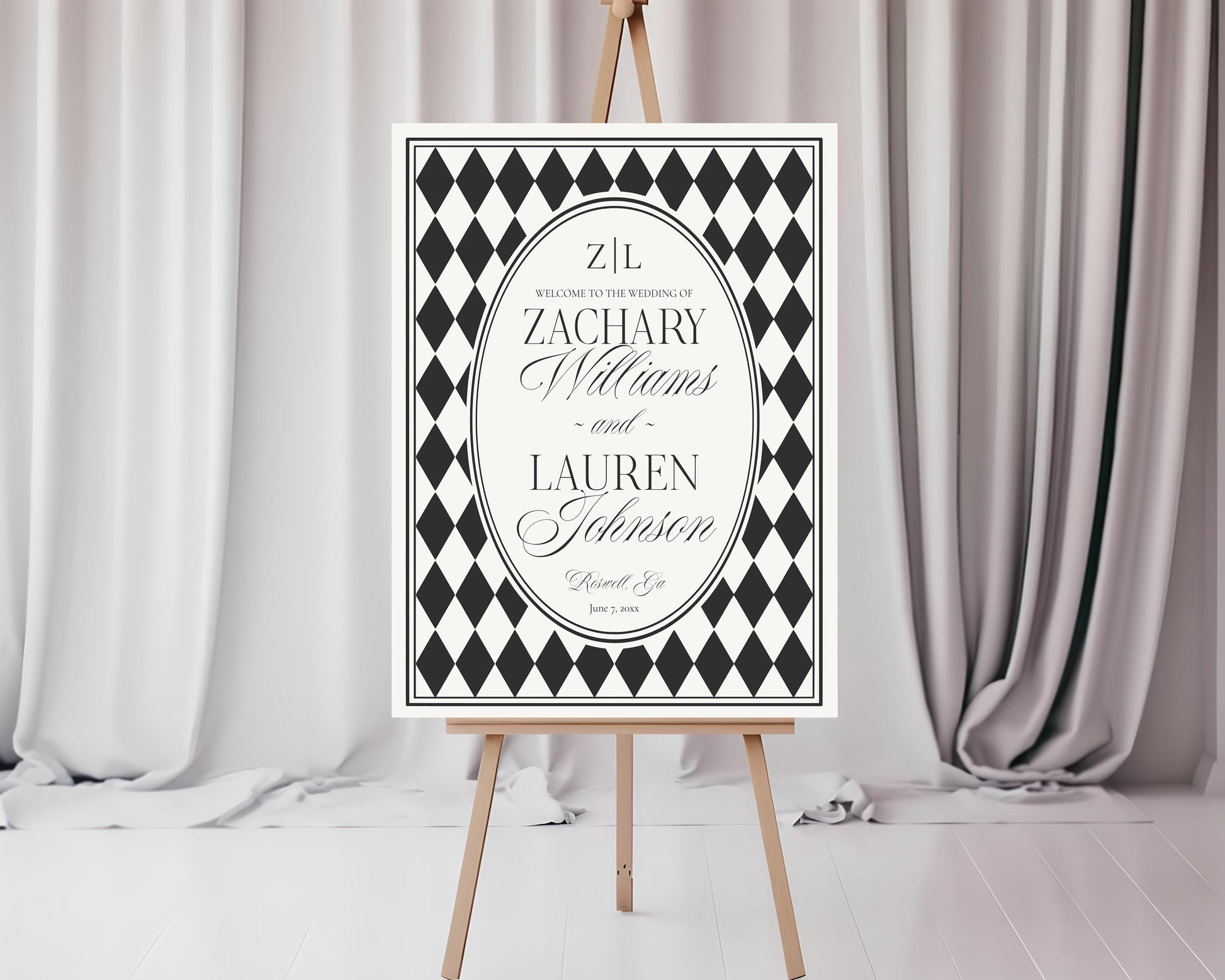 Black Harlequin Pattern Wedding Template Bundle, Checkered Old Money Luxury Ceremony Black and White Wedding Reception WP1097