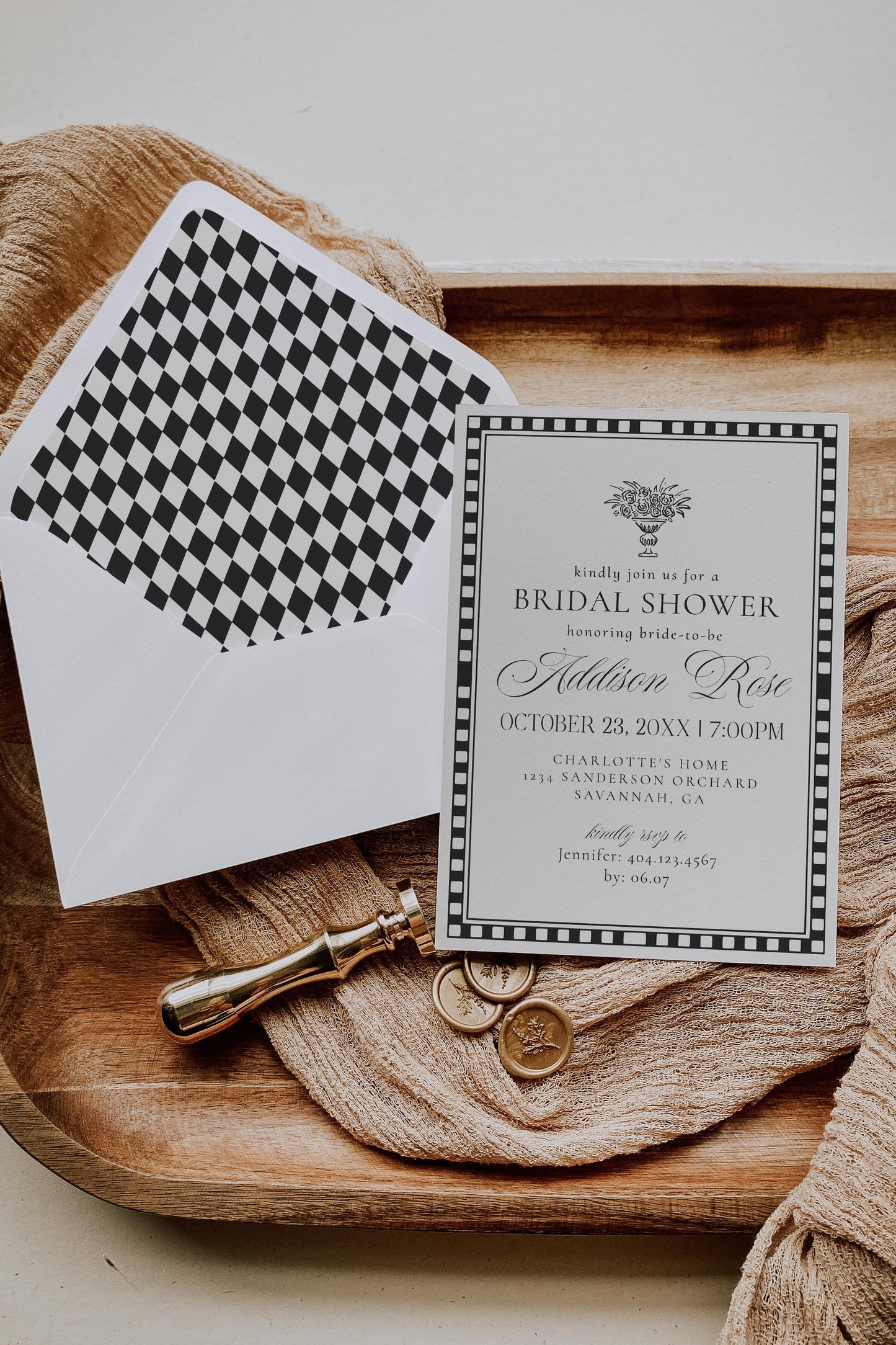 Black Harlequin Pattern Bridal Shower Invitation Template, Checkered Old Money Luxury Bridal Brunch WP1097
