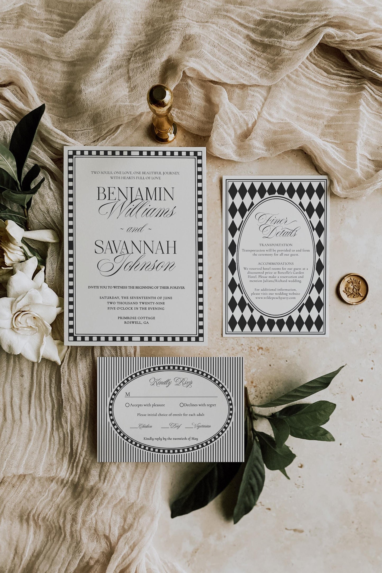 Black Harlequin Pattern Wedding Invitation Template, Checkered Old Money Luxury Ceremony Black and White Wedding Reception WP1097
