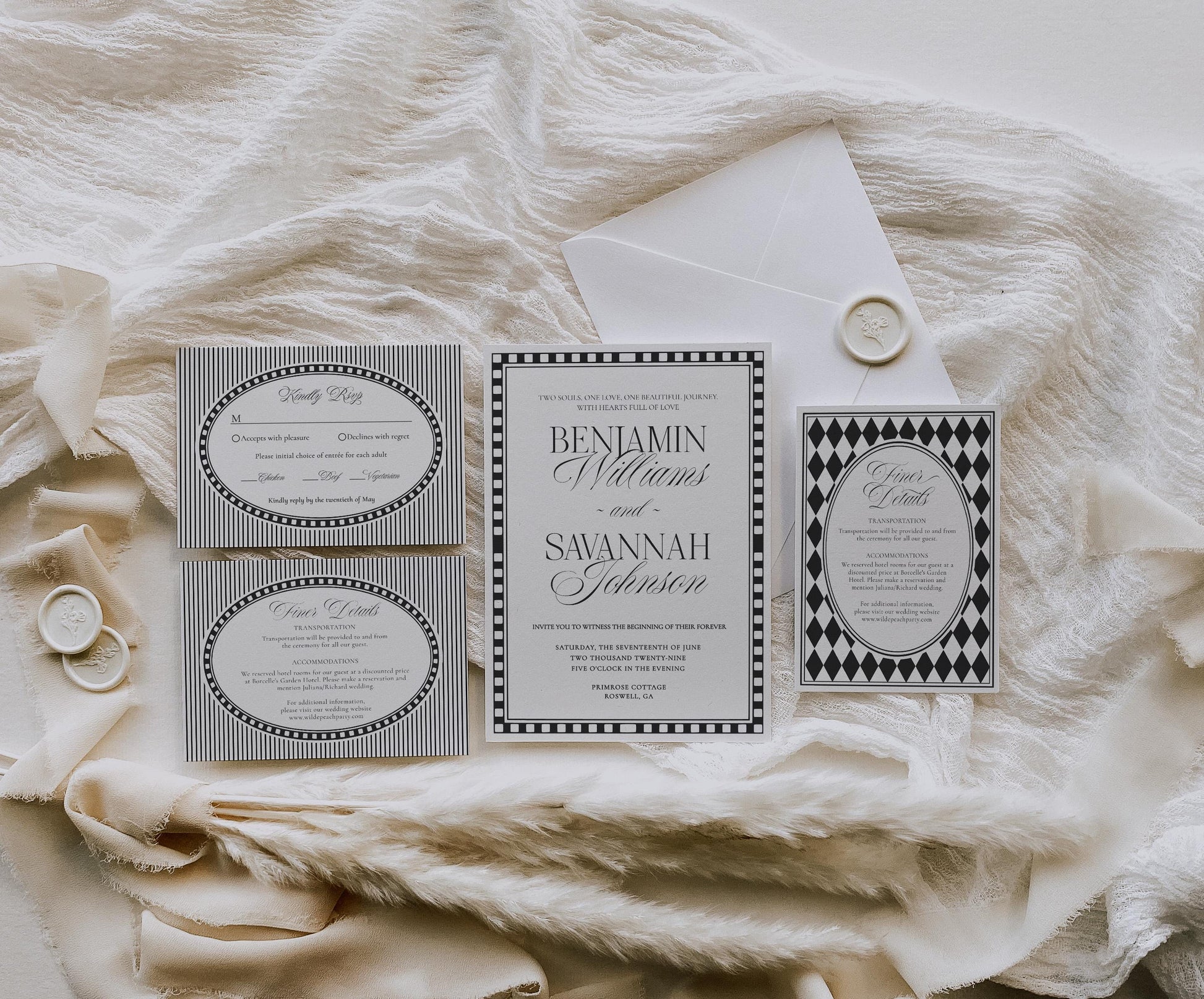 Black Harlequin Pattern Wedding Invitation Template, Checkered Old Money Luxury Ceremony Black and White Wedding Reception WP1097