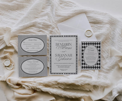 Black Harlequin Pattern Wedding Invitation Template, Checkered Old Money Luxury Ceremony Black and White Wedding Reception WP1097