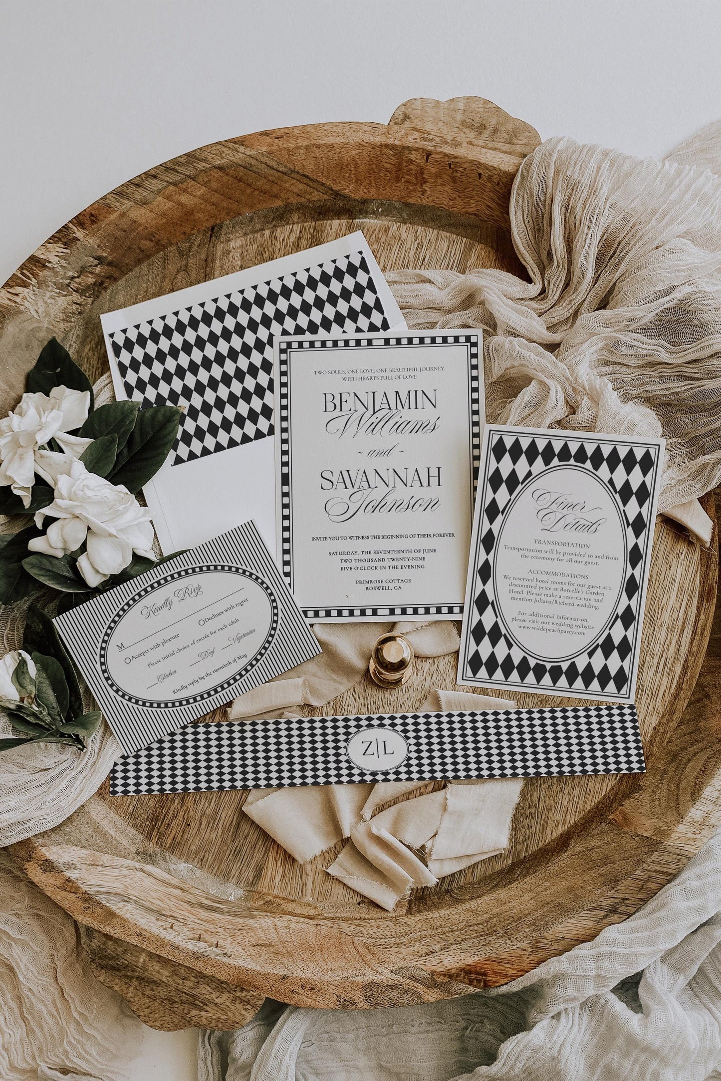 Black Harlequin Pattern Wedding Invitation Template, Checkered Old Money Luxury Ceremony Black and White Wedding Reception WP1097