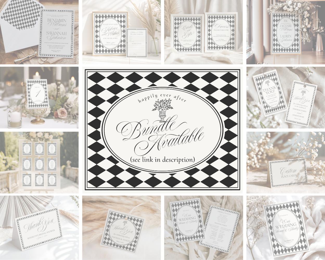 Black Harlequin Pattern Wedding Invitation Template, Checkered Old Money Luxury Ceremony Black and White Wedding Reception WP1097