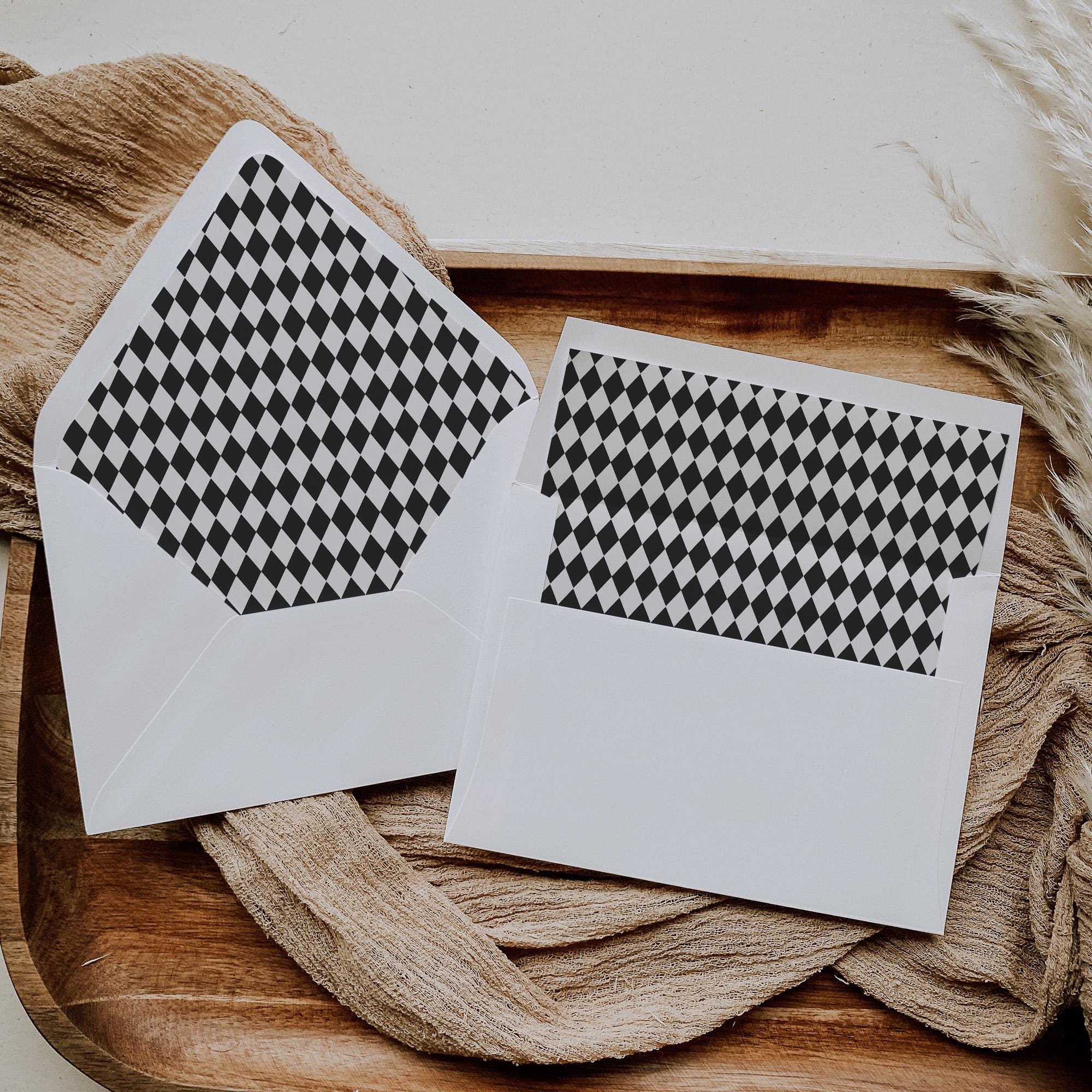 Black Harlequin Pattern Envelope Liner Template, Checkered Old Money Luxury Invitation WP1097