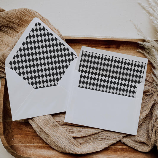 Black Harlequin Pattern Envelope Liner Template, Checkered Old Money Luxury Invitation WP1097