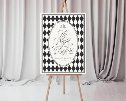 Black Harlequin Pattern Rehearsal Dinner Welcome Sign Template, Checkered Old Money Luxury Night Before Party WP1097