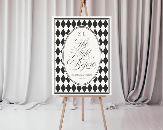 Black Harlequin Pattern Rehearsal Dinner Welcome Sign Template, Checkered Old Money Luxury Night Before Party WP1097
