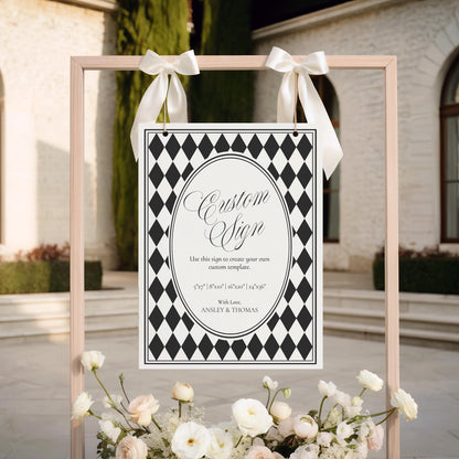 Black Harlequin Pattern Custom Sign Template, Checkered Old Money Luxury Night Before Bridal Shower, Timeless Wedding Decor WP1097