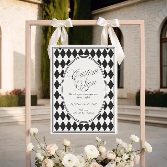 Black Harlequin Pattern Custom Sign Template, Checkered Old Money Luxury Night Before Bridal Shower, Timeless Wedding Decor WP1097