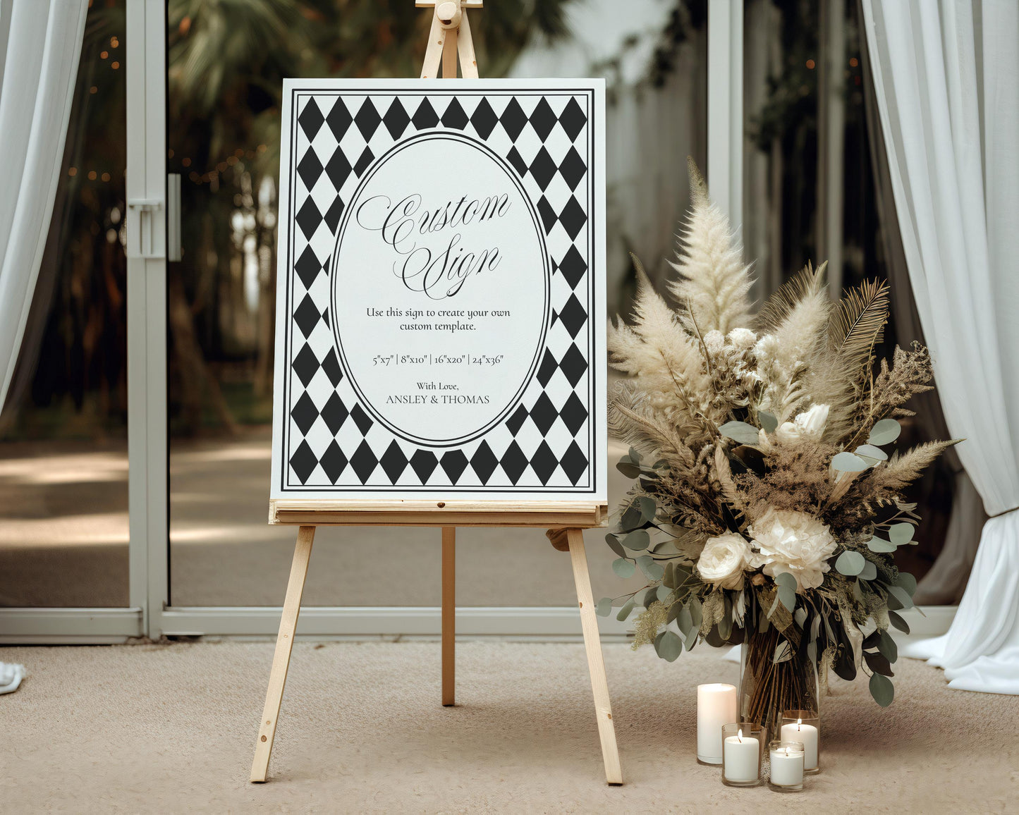 Black Harlequin Pattern Custom Sign Template, Checkered Old Money Luxury Night Before Bridal Shower, Timeless Wedding Decor WP1097