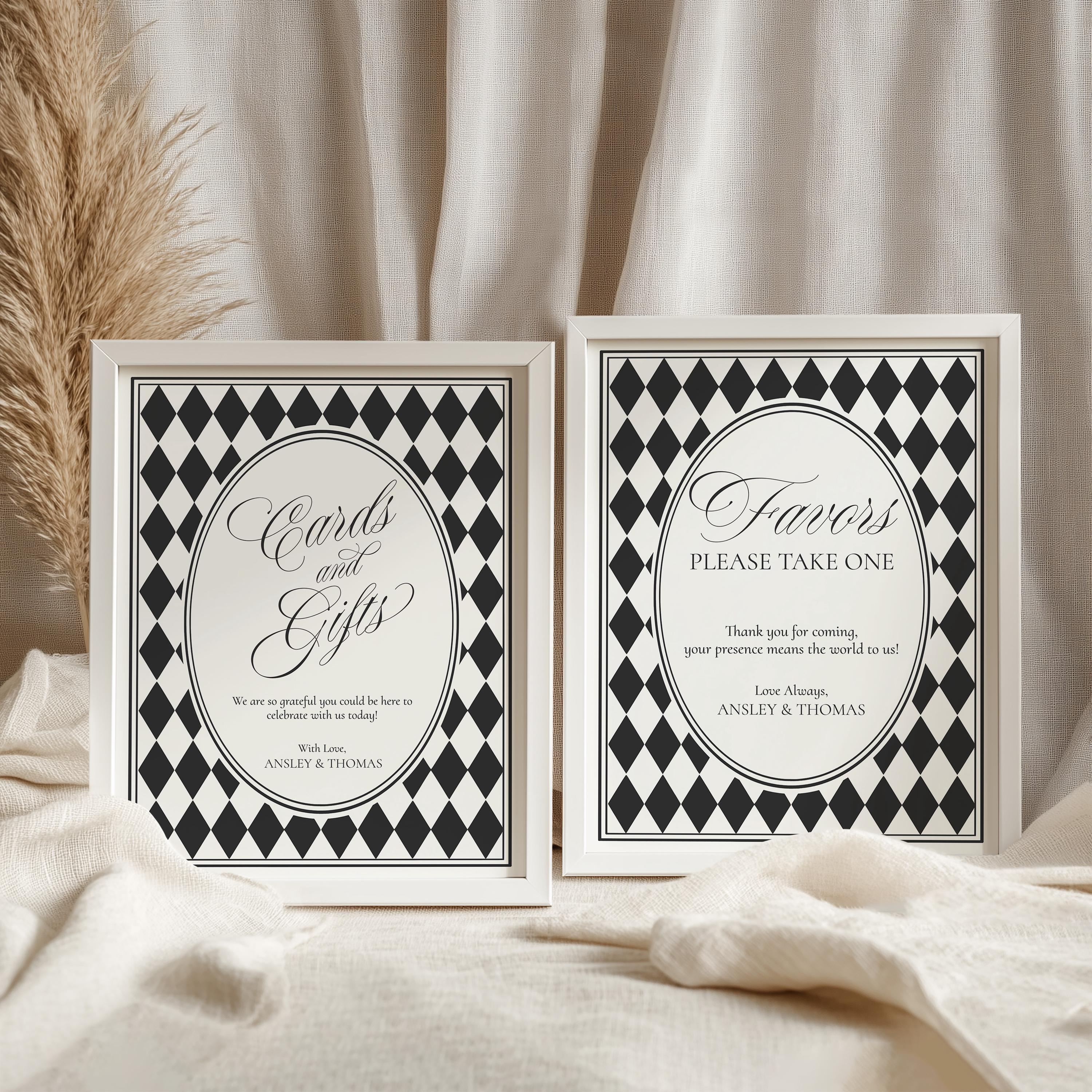 Black Harlequin Cards & Gifts and Favors Sign Template, Checkered Old Money Luxury Night Before Bridal Shower, Timeless Wedding WP1097