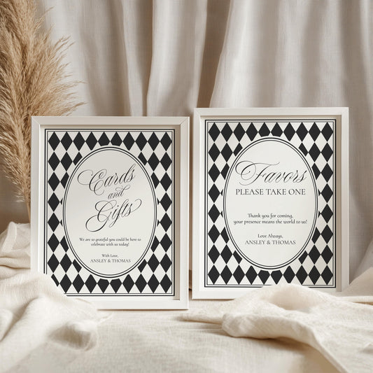 Black Harlequin Cards & Gifts and Favors Sign Template, Checkered Old Money Luxury Night Before Bridal Shower, Timeless Wedding WP1097