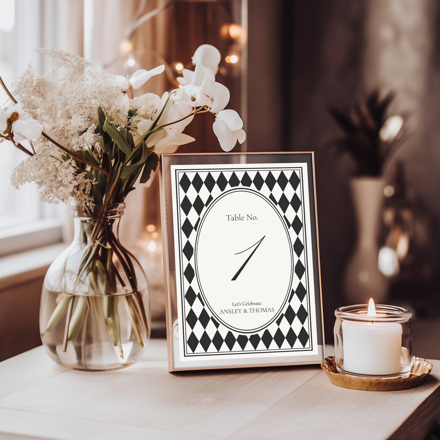 Black Harlequin Pattern Table Numbers Template, Checkered Old Money Luxury Night Before Bridal Shower, Timeless Wedding Decor WP1097