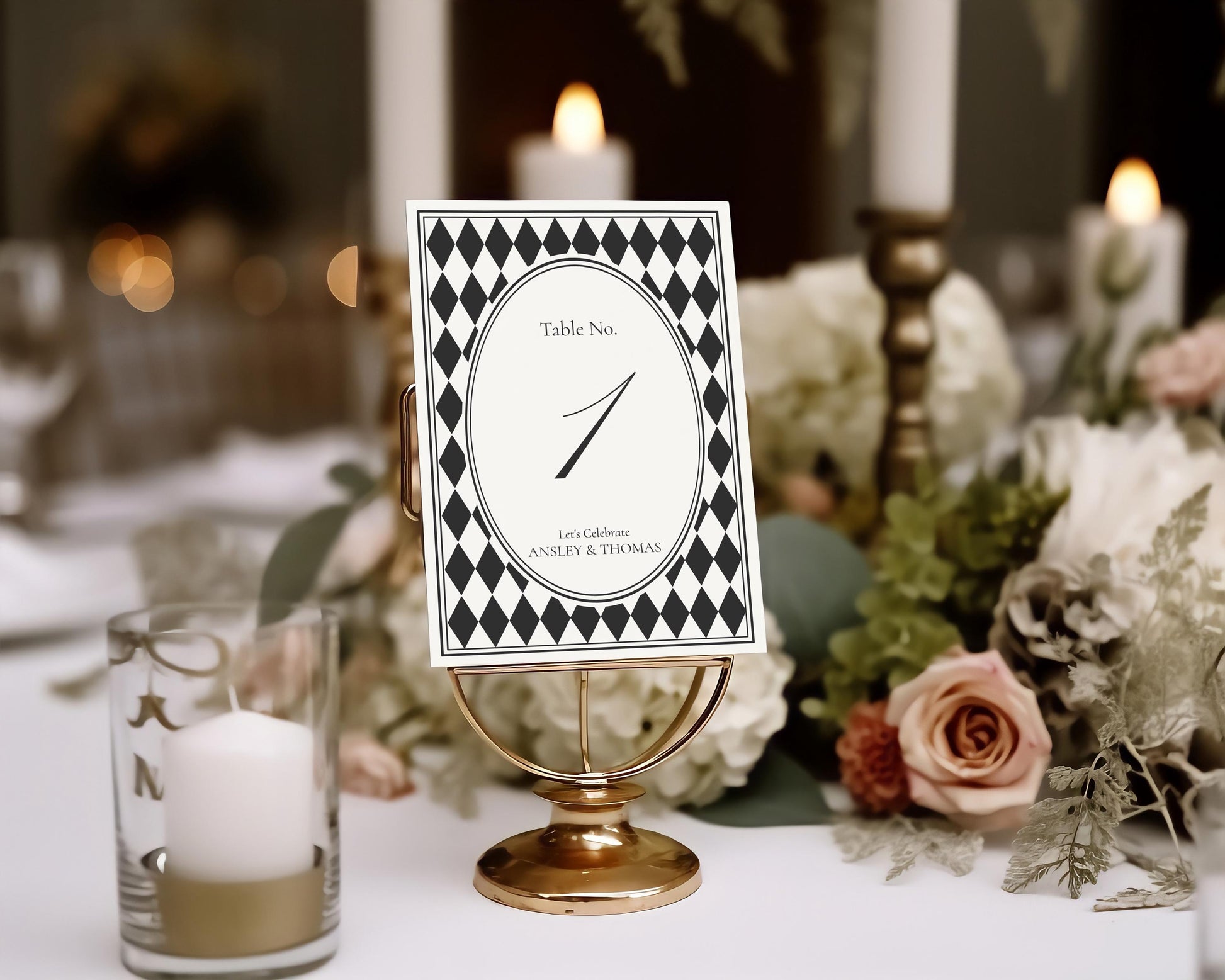 Black Harlequin Pattern Table Numbers Template, Checkered Old Money Luxury Night Before Bridal Shower, Timeless Wedding Decor WP1097