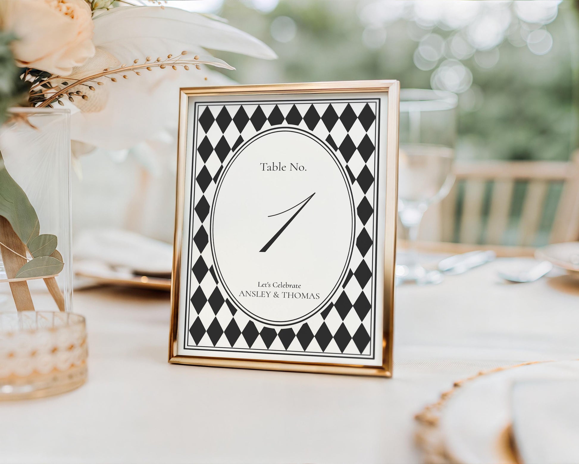 Black Harlequin Pattern Table Numbers Template, Checkered Old Money Luxury Night Before Bridal Shower, Timeless Wedding Decor WP1097