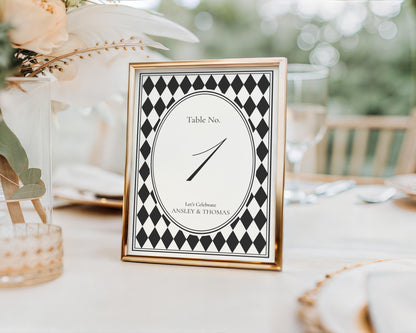 Black Harlequin Pattern Table Numbers Template, Checkered Old Money Luxury Night Before Bridal Shower, Timeless Wedding Decor WP1097