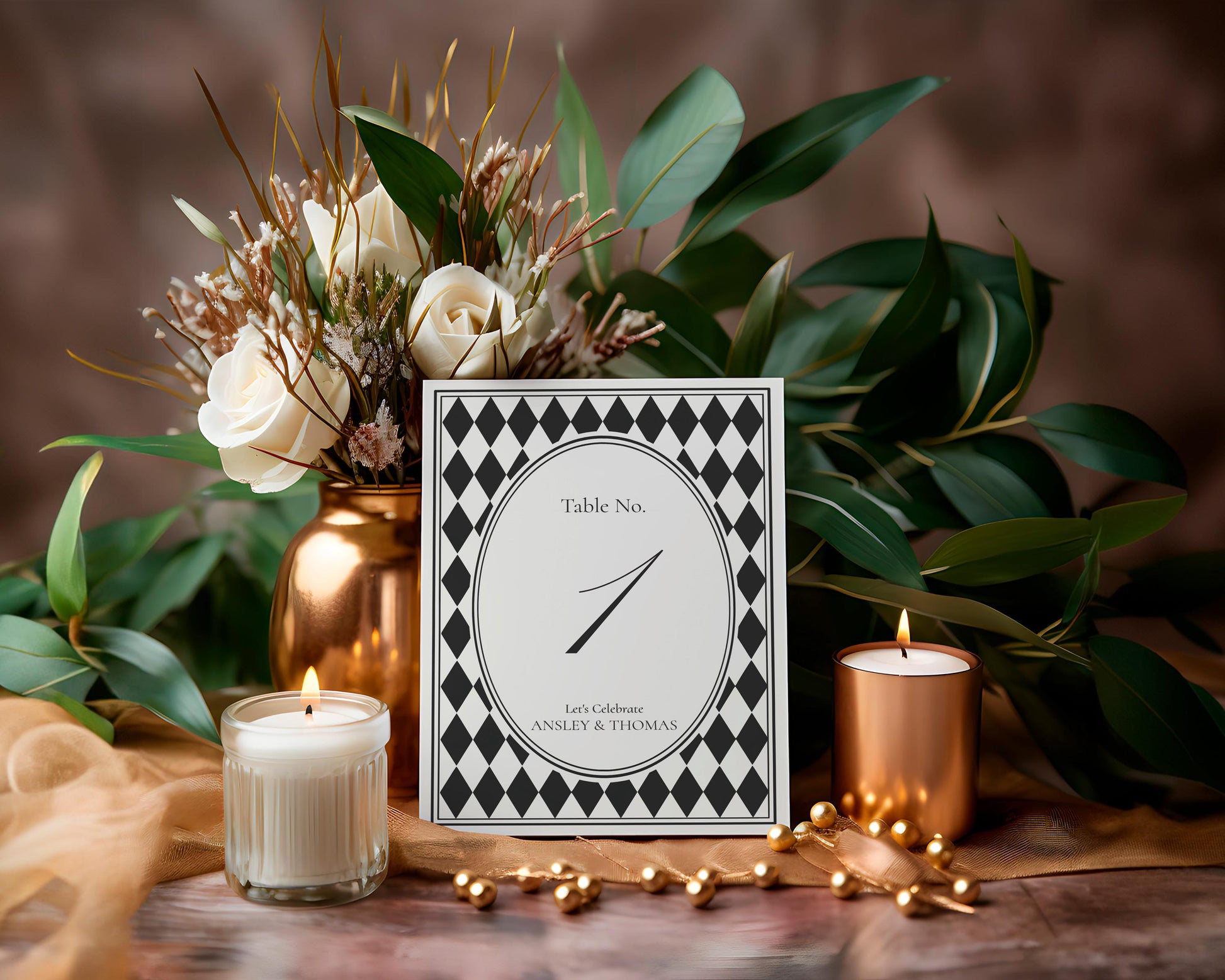 Black Harlequin Pattern Table Numbers Template, Checkered Old Money Luxury Night Before Bridal Shower, Timeless Wedding Decor WP1097
