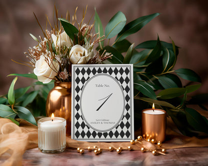 Black Harlequin Pattern Table Numbers Template, Checkered Old Money Luxury Night Before Bridal Shower, Timeless Wedding Decor WP1097