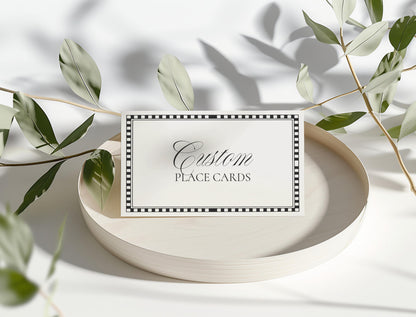 Black Harlequin Pattern Place Cards Template, Checkered Old Money Luxury Ceremony Black and White Wedding Reception WP1097