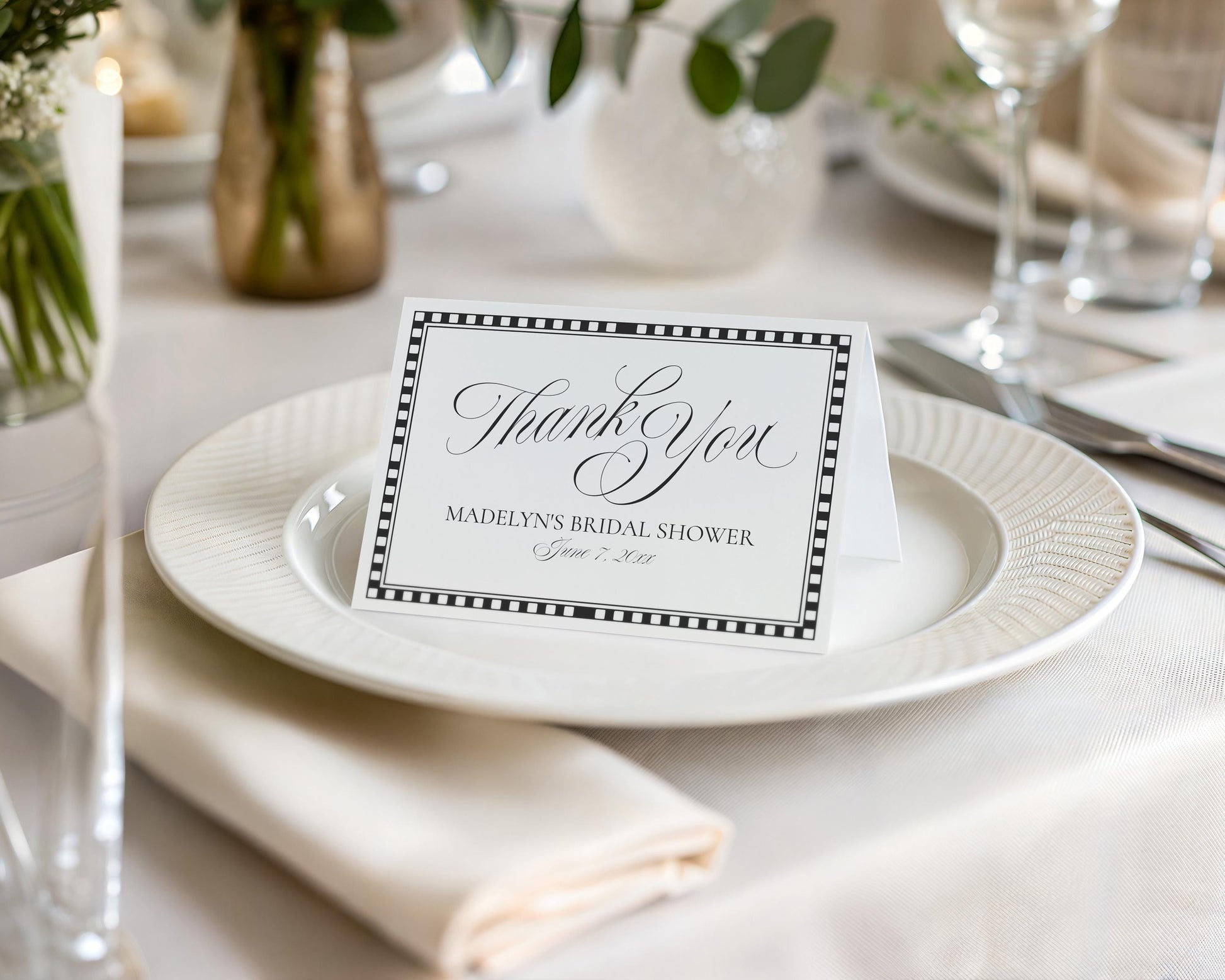 Black Harlequin Pattern Thank You Card Template, Checkered Old Money Luxury Night Before Bridal Shower, Timeless Wedding Decor WP1097