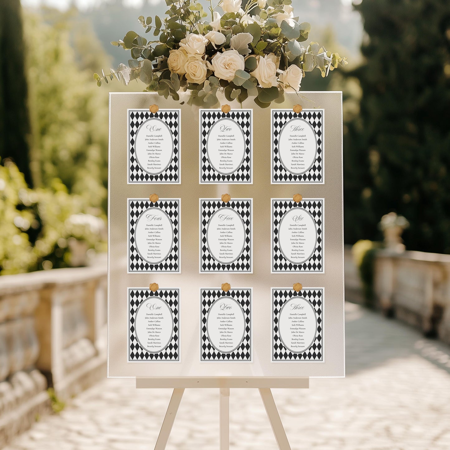 Black Harlequin Pattern Seating Chart Poster Template, Checkered Old Money Luxury Night Before Bridal Shower, Timeless Wedding Decor WP1097