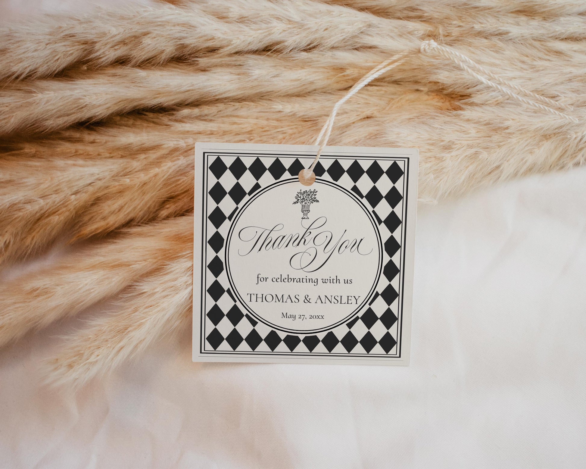 Black Harlequin Pattern Wedding Favor Tags Template, Checkered Old Money Luxury Ceremony Black and White Wedding Reception WP1097