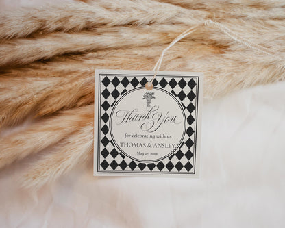 Black Harlequin Pattern Wedding Favor Tags Template, Checkered Old Money Luxury Ceremony Black and White Wedding Reception WP1097