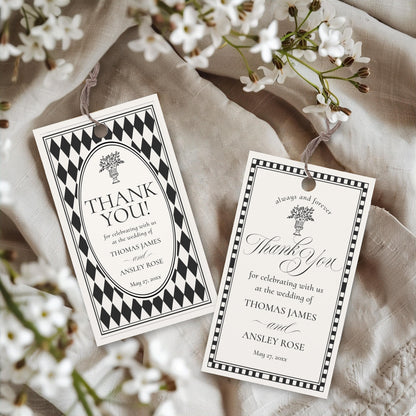 Black Harlequin Pattern Wedding Favor Tags Template, Checkered Old Money Luxury Ceremony Black and White Wedding Reception WP1097