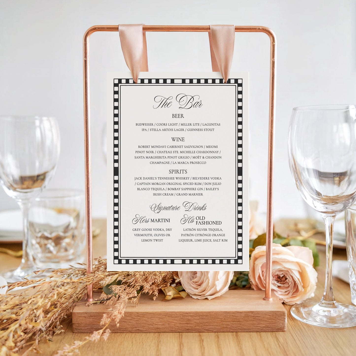 Black Harlequin Pattern Striped Bar Menu Sign Template, Checkered Old Money Luxury Ceremony Black and White Wedding Reception WP1097
