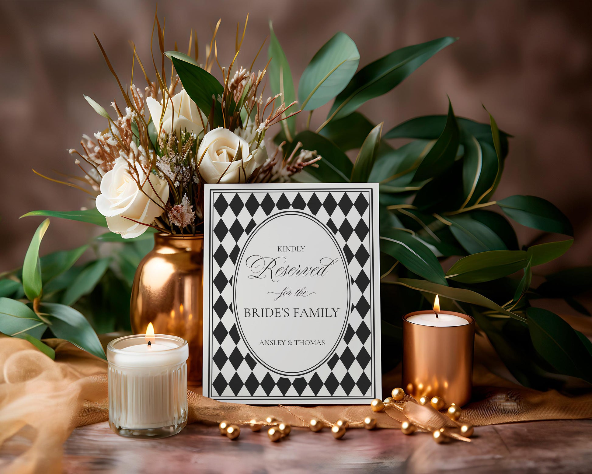 Black Harlequin Pattern Reserved Sign Template, Checkered Old Money Luxury Ceremony Black and White Wedding Reception WP1097