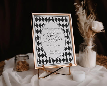 Black Harlequin Pattern Advice for Mr & Mrs Cards Template, Checkered Old Money Night Before Bridal Shower, Timeless Wedding Decor WP1097
