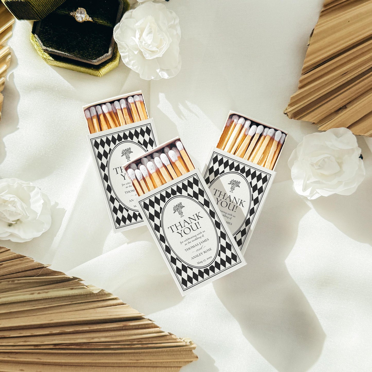 Black Harlequin Pattern Matchbox Cover Template, Old Money Bridal Shower, Checkered Old Money Black and White Wedding Reception WP1097