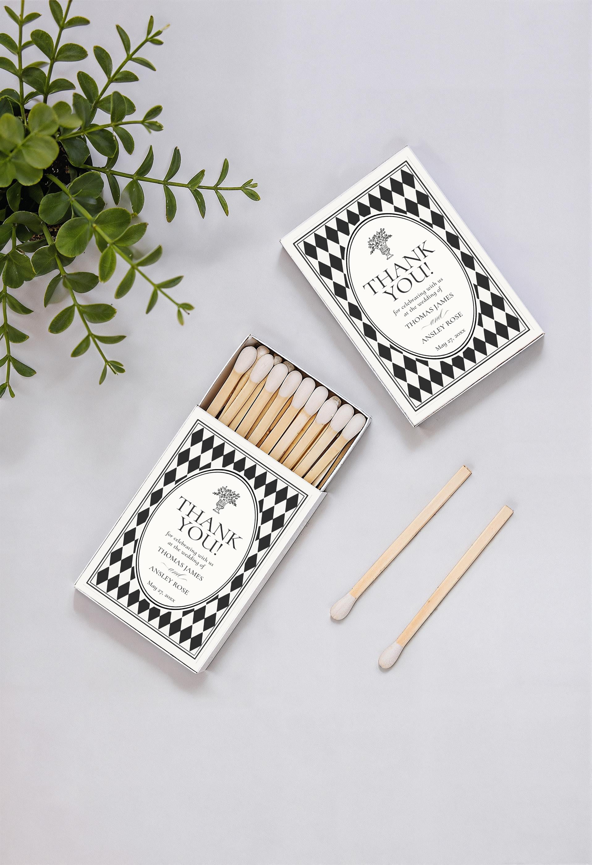 Black Harlequin Pattern Matchbox Cover Template, Old Money Bridal Shower, Checkered Old Money Black and White Wedding Reception WP1097