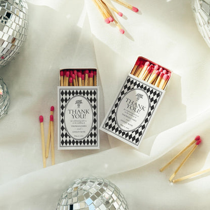 Black Harlequin Pattern Matchbox Cover Template, Old Money Bridal Shower, Checkered Old Money Black and White Wedding Reception WP1097