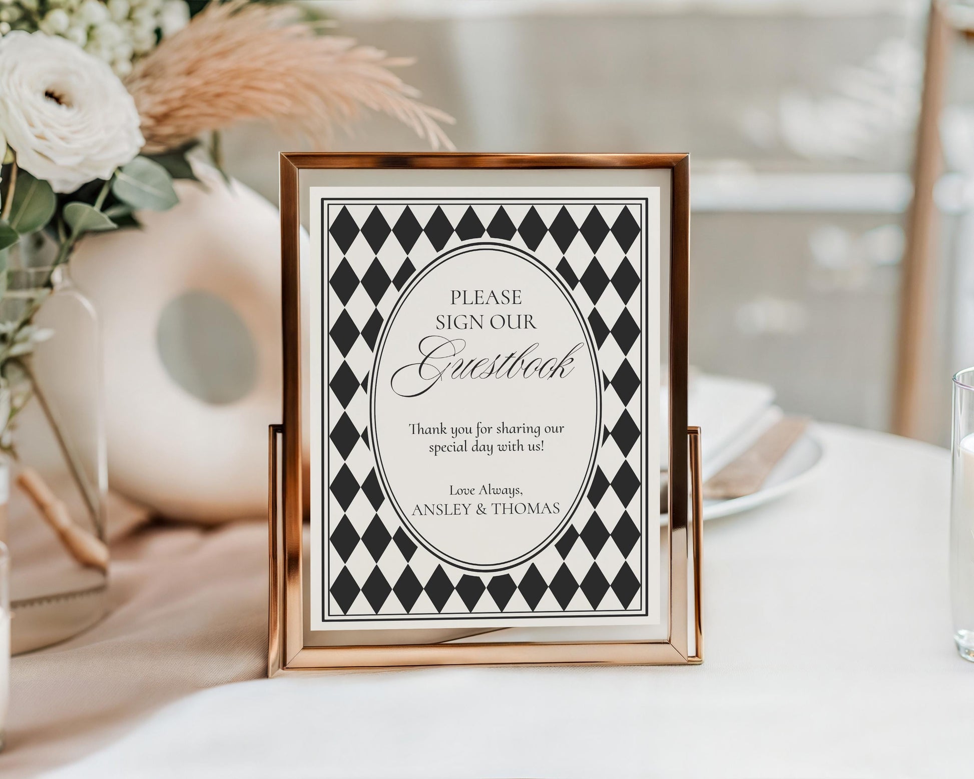 Black Harlequin Pattern Guestbook Sign Template, Checkered Old Money Luxury Ceremony Black and White Wedding Reception WP1097