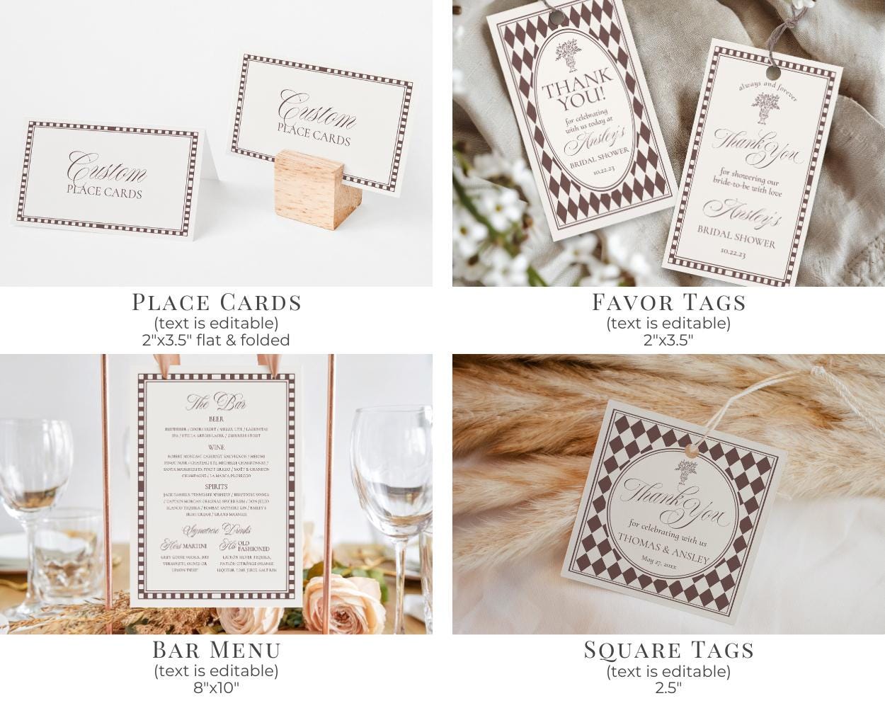 Brown Harlequin Pattern Bridal Shower Template Bundle, Checkered Old Money Luxury Bridal Brunch WP1098