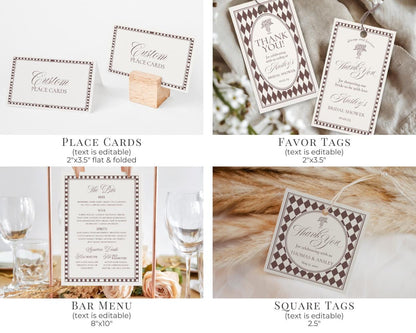Brown Harlequin Pattern Bridal Shower Template Bundle, Checkered Old Money Luxury Bridal Brunch WP1098